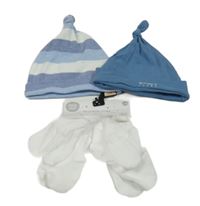 Nové - 6Set - 2x - Čepice - modrá s logem DKNY, pruhovaná melírovaná Next + 4x - bílé rukavice F&F