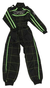 Černo-zelená kostkovaná motorkářská kombinéza s nápisem 