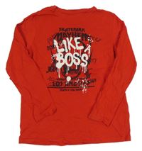 Červené tričko s lebkou a nápismi PRIMARK