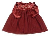 Vínové sametovo/tylové šaty s kvietkami a volánikmi C&A