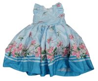 Světlemodro-modré šusťákové slavnostní šaty s kytičkami a volánky