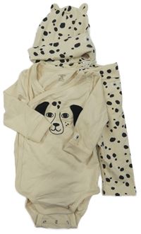 Nové - 3Set - Smotanové zavinovací body s pejskem + smetanovo/černé vzorované tepláky + rebrovaná čapica s uškami LINDEX