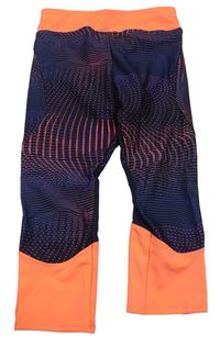 Tmavomodro-neonově oranžové vzorované sportovní funkční capri legíny Decathlon