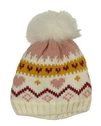 Smetanovo-ružovo-okrová vzorovaná pletená čapica s brmbolcom C&A