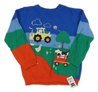 Nové - Modro-zeleno-červený svetr s traktorem a zvířaty Dunnes