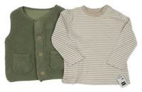 Nové - 2set - Béžovo-bílé pruhované triko + khaki huňatá propínací vesta Dunnes