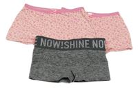 3x kalhotky - 2x růžové kvetované s motýly + tmavošedé melírované