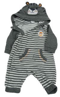 Tmavošedo-bílá pruhovaná tepláková kombinéza s tygrem a kapucí C&A