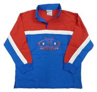 Modro-červeno-bílé polo mikinotriko s nápisom
