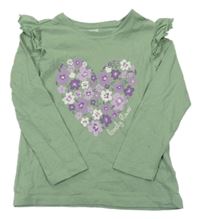 Zelené triko se srdcem z květin a volánky Sinsay