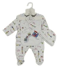 Nové - 4 set - biely overal s auty + bryndák + rukavice + čapica