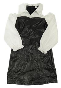 Černé koženkové šaty s košilovými rukávy a límečkem shein