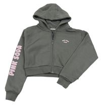 Tmavošedá propínací crop mikina s nápisem a kapucí 