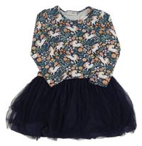 Tmavomodro-zelené vzorované šaty s jednorožcami a tylovou sukní