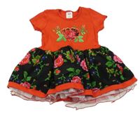 Červeno-černé květované šaty s výšivkou 