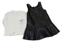 Nové - 2 set - bílé žebrované triko + černé koženkové šaty s plíšky Primark