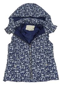 Tmaovmodrá květovaná šusťáková zateplená vesta s kapucí H&M