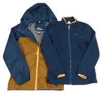 2set - Tmavomodro-hnedá šušťáková funkčná bunda s kapucí + Tmavomodrá prepínaci funkčná fleecová mikina Quechua