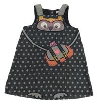 Tmavomodré bodkovaná é rifľové šaty so sovou