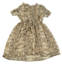 Béžovo-hnedé šifónové šaty s hadím vzorom a volánikmi