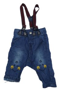 Tmavomodré lehké rifle se smajlíky a kšandami 