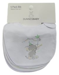 Nové - 5set - 5x Bílo-barevné bryndáky se slony Dunnes