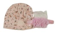 2set - Růžová květovaná čepice + růžová čelenka s 3D květem 