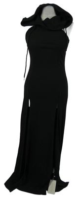 Nové - Dámské černé žebrované pletené dlouhé šaty s kapucí Musera 