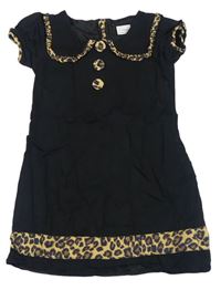 Čierne plátenné šaty s volánikom s leopardím vzorom Next
