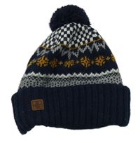 Tmavomodro-bílo-šedo-hořčicová vzorovaná čepice s bambulí