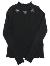 Černé žebrované crop triko s motýlky Page one young