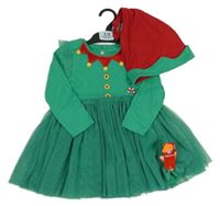 Nové - 2set - Zelené bavlněno/tylové šaty - elf + červená bavlněná čepice Dunnes