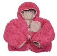 Tmavoružová huňatá zateplená obojstranná bunda s kapucňou DKNY