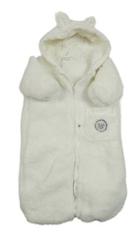 Bílý huňatý podšitý fusak/kombinéza s nášivkou a kapucí s oušky Ergee