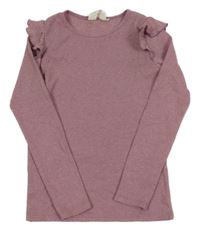 Růžové třpytivé žebrované triko s volánkem H&M