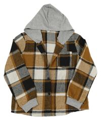 Béžovo-černo-bílá kostkovaná flanelová košile s kapucí Shein