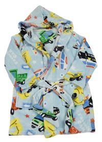 Světlemodrý chlupatý župan s auty a kapucí 