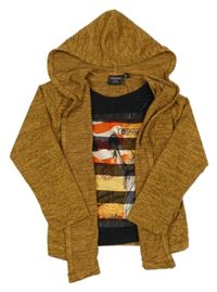 Béžovo-sivý melírovaný svetrový cardigan so všitým topem a kapucňou Danaboi