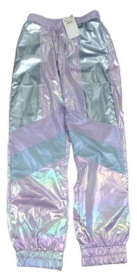 Světlefialovo/světlemodro-perlové metalické šušťákové nepromokavé nohavice RESERVED