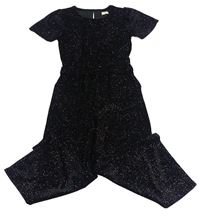 Černý třpytivý sametový kalhotový culottes overal s volánkem F&F