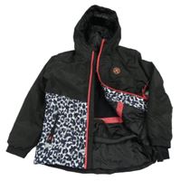 Černo-šedo-bílá šusťáková funkční zimní lyžařská bunda s nášivkou a vzorem a kapucí crivit