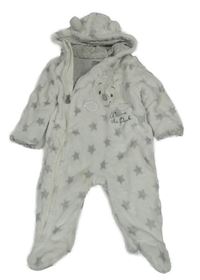 Biela plyšová zateplená kombinéza s Pú a hviezdičkami a kapucňou s uškami C&A