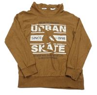 Hnedá melírovaná slabá mikina s nápismi a komínovým golierom YIGGA