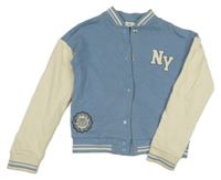 Modro-smetanová baseballová mikina s písmenky a nášivkou a pruhy C&A