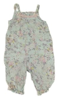 Mátový kalhotový overal s kytičkami a krajkou a mašlemi F&F