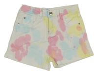 Bielo-ružovo-žlto-svetlomodré batikované rifľové kraťasy sinsay