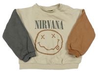 Smetanovo-hnedo-tmavosivá oversize mikina so smajlíkom a nápisem - NIRVANA