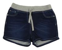 Tmavomodré teplákové rifľové kraťasy so sivým úpletovým pasom John Baner