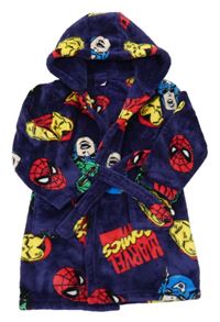 Tmavomodrý plyšový župan se superhrdiny a logy a kapucí MARVEL