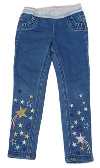 Modré skinny teplákové rifle s hvězdičkami a kometami a stříbrným pasem s pruhy Mothercare
